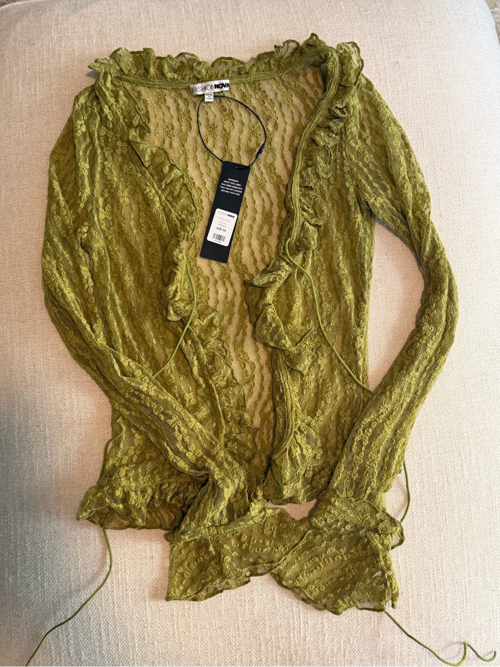 Fashion Nova Olive Green Lace Ruffle Long Sleeve Top